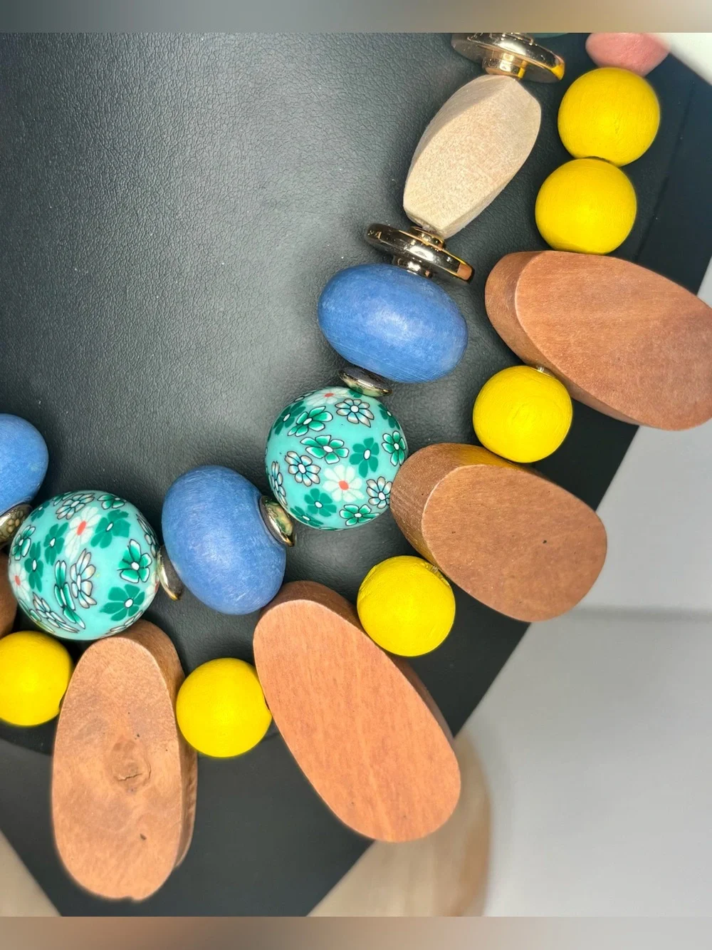 Boho Wood Bead Statement Necklace Floral Polymer Clay Adjustable 34”